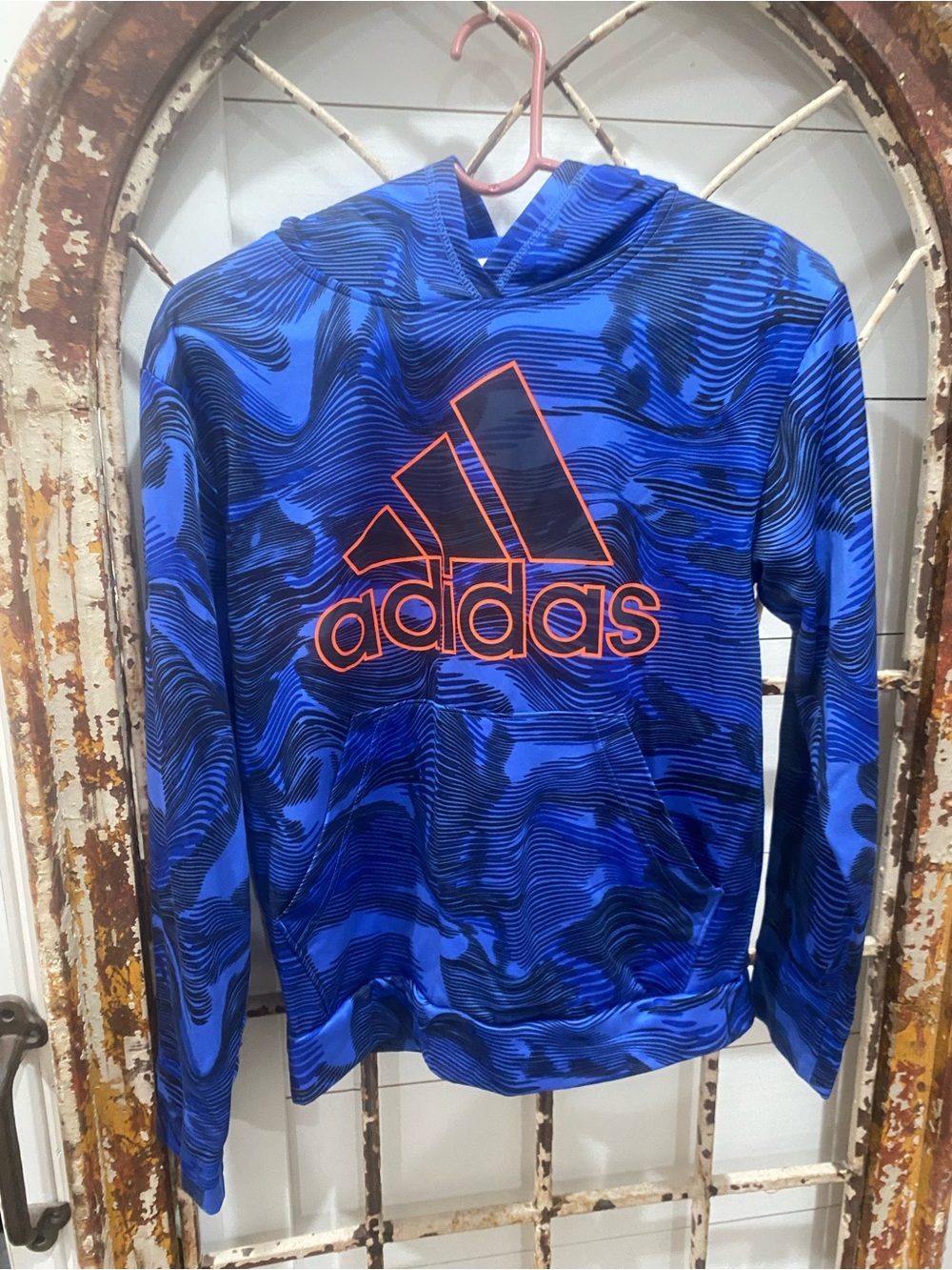 adidas Blue Wave Print Pullover Hoodie with Orange Logo youth Large 14/16